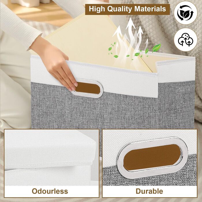 Yawinhe 3-Piece Storage Boxes with Lids, Foldable Fabric Box with Handles, Storage Boxes, for Bedroom, Clothes Storage, 32x23x20cm, SNK023G-3 (32x23x20cm/3-Pack, White/Gray)