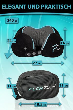 Подушка для шиї FLOWZOOM Comfy - для подорожей літаком та автомобілем. Регульована подушка з піною з пам'яті з підтримкою 360°, м'яка дихаюча обкладинка, транспортна сумка. Колір: сірий (Comfy - чорний)