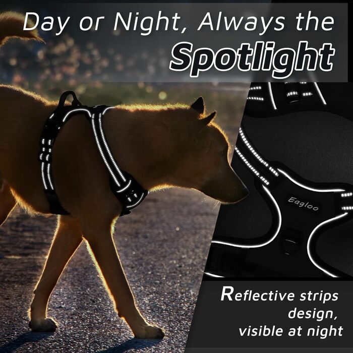 Нагрудник для собак великих порід Eagloo, чорний, розмір L, анти-тяга, з відбиваючими смугами, регульований
