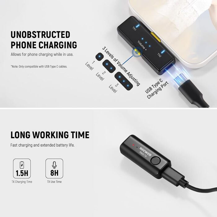 NEEWER Бездротовий петличний мікрофон KM23: 48kHz/24Bit, 8 годин роботи, шумозаглушення, USB-C, сумісний з DJI, Insta360, iPhone, Android, PC