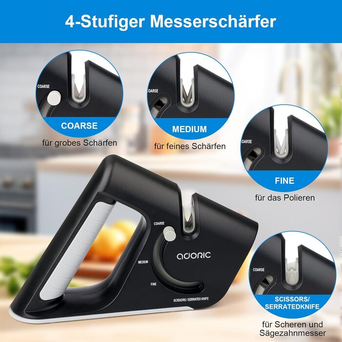 Точилка для ножів Adoric з 3 ступенів, вольфрамовий сталь, діамант, кераміка. Чорний колір