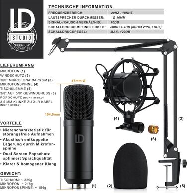 Конденсаторний мікрофон CSL з кріпленням XLR - Комплект для студії, запису вокалу, подкастів, стрімінгу та геймінгу, велика мембрана, 3.5mm jack, XLR кабель