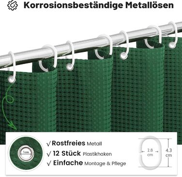 Шторка для душу BTTN, вафельна тканина, 180x200 см, антигрибкова, важка, водонепроникна, з 12 гачками, зелена