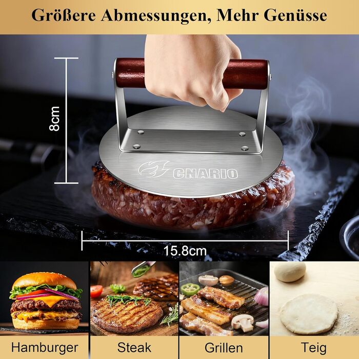 Професійна преса для smash burger CNARIO з нержавіючої сталі 16 см, пристрій для формування котлет з дерев'яною ручкою для гриля та BBQ