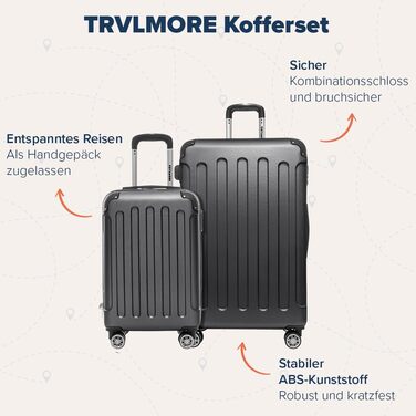 Валіза ручної поклажі TRVLMORE 54x36x20 см - жорсткий корпус, з колесами, сірий (2 шт. у наборі)