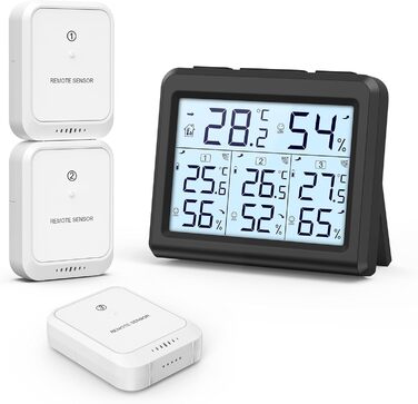 ORIA Digital Thermometer, Indoor/Outdoor Thermometer with 3 Outdoor Sensors, Backlight & Large LCD Display, Min/Max Records, ℃/℉ Switch, Ideal for Office, Home (Black)