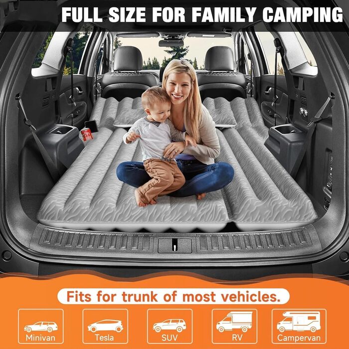 Automatic Air Mattress for SUV - Flocked Surface Inflatable Bed with 2 Pillows - Car Bed for Trunk, Travel, Camping & Home (Light Grey, 183x124x10 cm)
