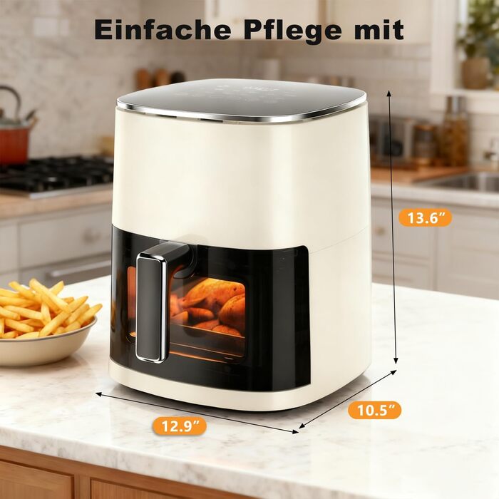 Фритюрниця повітряна DUMOS, 6 літрів, з вікном, квадратна, 12-в-1, для смаження, розігріву, сушіння, випікання, приготування на пару, 200°C, бежево-сіра