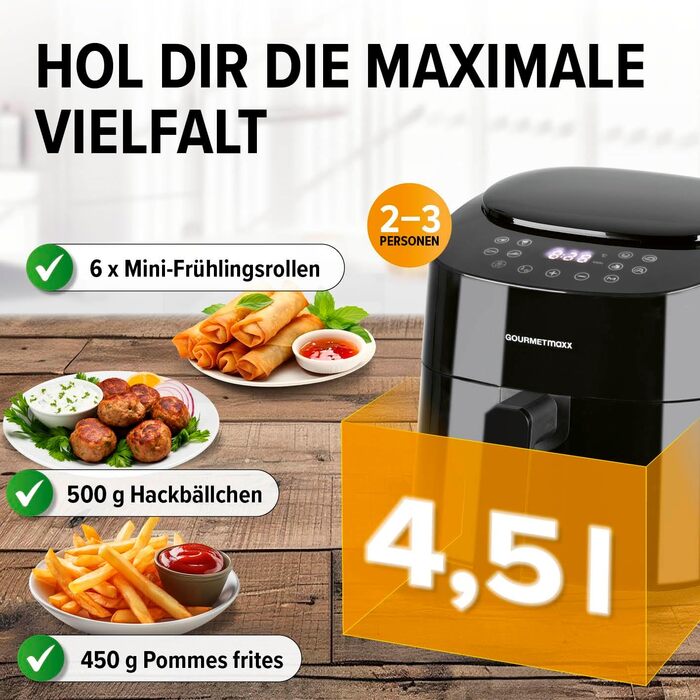 Gourmetmaxx Air Fryer - 4.5L Digital Air Fryer with Timer & Touchscreen - 9 Functions, 8 Programs, Energy-Saving, Black Mini Oven
