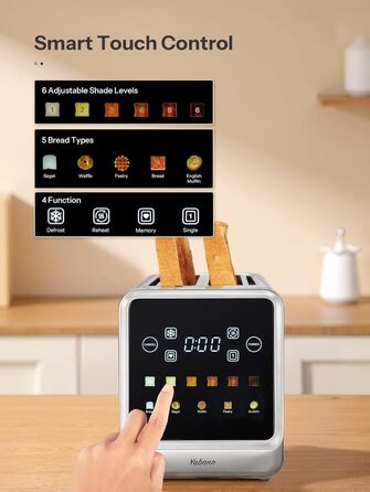 Тостер з нержавіючої сталі з сенсорним екраном та функцією пам'яті, 4-х слайсова модель з 6 рівнями підсмажування та 5 режимами для хліба, функціями розморожування та підігріву, технологією Single Slot