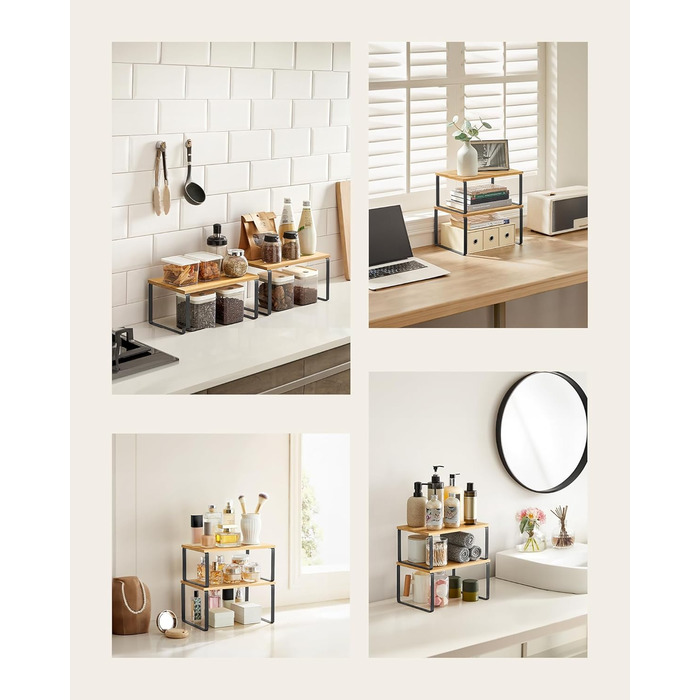 SONGMICS Spice Rack, 4-Piece Set, Kitchen Shelf, Kitchen Organizer, Expandable, Spice Holder, Stackable, with Metal Frame, 19.5 x 29.7 x 15.8 cm, Ink Black-Natural Beige KCS10NB