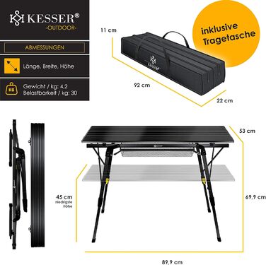Кемпінговий стіл KESSER® розкладний з алюмінієвим каркасом, регулювання висоти, 90 x 53 см, до 30 кг, з сумкою та сітчастою кишенею, чорний