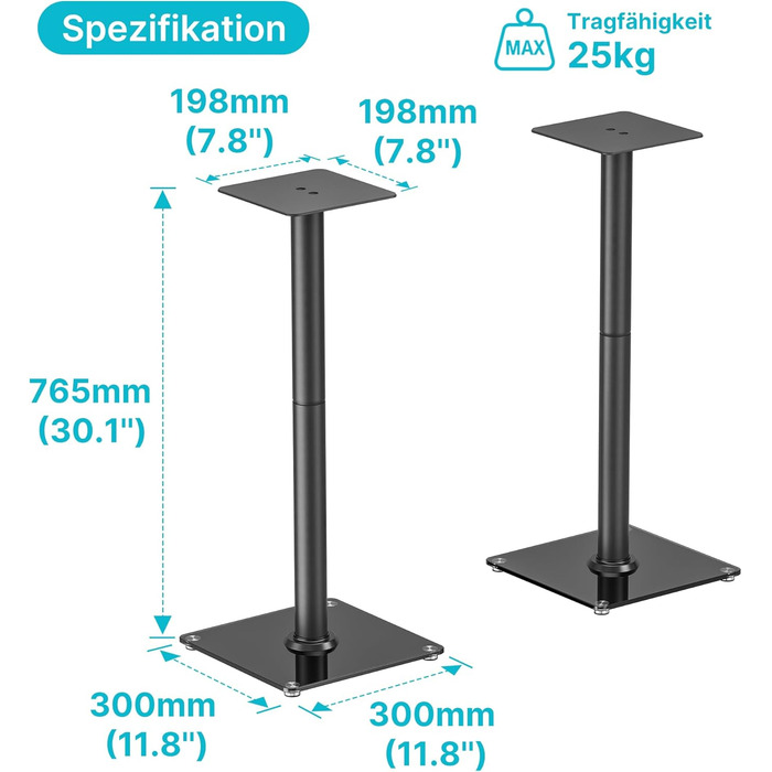 Підставка для акустики саундбару, універсальна, чорна, 76.5 см, 25 кг, з кабелеуправлінням та скляною основою (1 шт.)