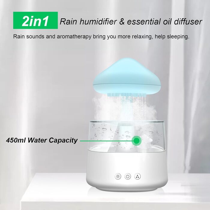 Увлажнитель воздуха Rain-Cloud, 450 мл, 7 цветов, LED-лампа, диффузор аромату, нано-туман, гриб для дитячої кімнати, спальні, дому, офісу (білий)