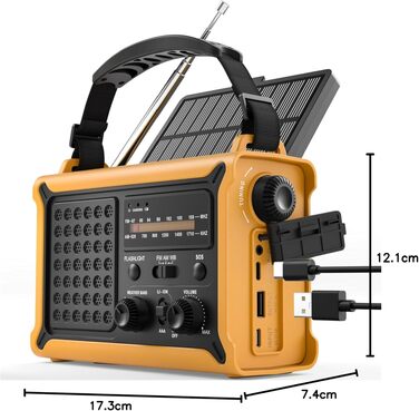 Радіо ROCAM 12000mAh з сонячною панеллю та ручним генератором, жовте - для кемпінгу, надзвичайних ситуацій, USB зарядка, ліхтарик, AM/FM