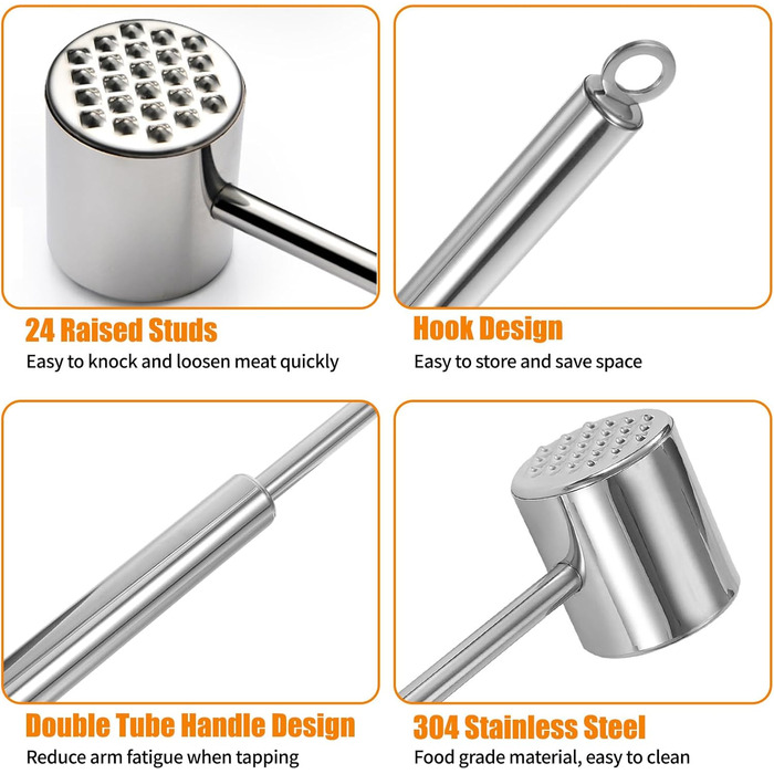 Молоток для м'яса з нержавіючої сталі 304 з гачком, двосторонній багатофункціональний відбійник для стейків, курки та свинини, 22 см, сріблястий