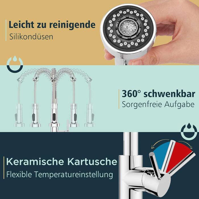 Кран кухонний FORIOUS з високим вигином, висувною лійкою, 360° поворот, 2 режими, нержавіюча сталь (шліфована/полірована)