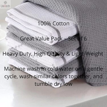 UniQloth 6-Piece Dish Towel Set - 100% Cotton - for Restaurant, Bar, Glass - Absorbent, Machine Washable Dish Towels with Hanging Loop - 38x64 cm Grey