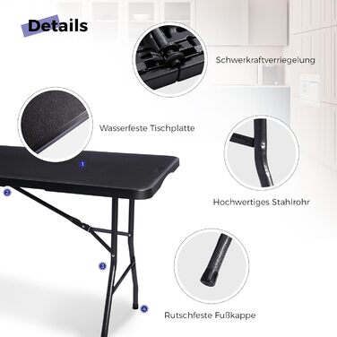 Складаний столик 180 см, портативний, міцний, пластиковий, для дому та відпочинку (чорний)