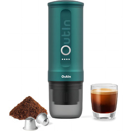 Outin Nano Portable Electric Espresso Machine, Camping Coffee Maker, Self-Heating with USB-C, Compatible with Ground Coffee & Nespresso Capsules Blue-Green