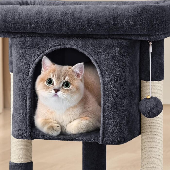 Yaheetech Scratching Post 60 cm Small Cat Scratching Tree, with Cat Cave, Plush Sisal, Cat Tree Cat Furniture Play Tree for Small Cats, Black