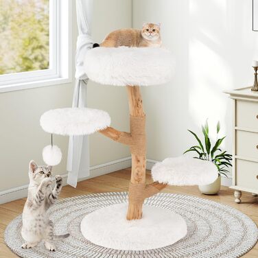 Дерев'яна кігтеточка для котів Costway 90 см з 3 м'якими лежаками, мотузкою та кігтеточкою з джуту, 4-ярусна, білий + натуральний колір