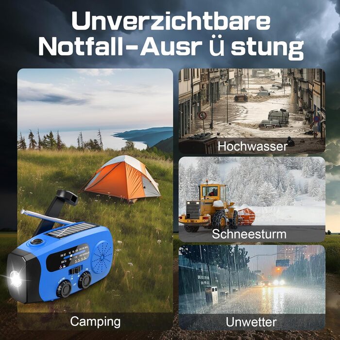 Радіо-кринка Notfall Weltempfänger 4000 mAh (14800 mWh) з 3 кабелями, AM/FM/WB, SOS-сигнал, ліхтарик, блакитне аварійне радіо