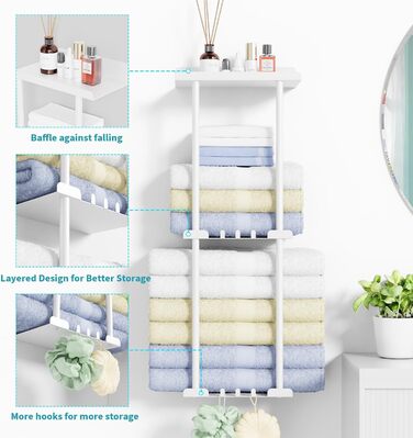 Тримач для рушників без свердління, настінний, з 6 гачками та полицею для ванної кімнати/кухні, матовий, для гостей, білий