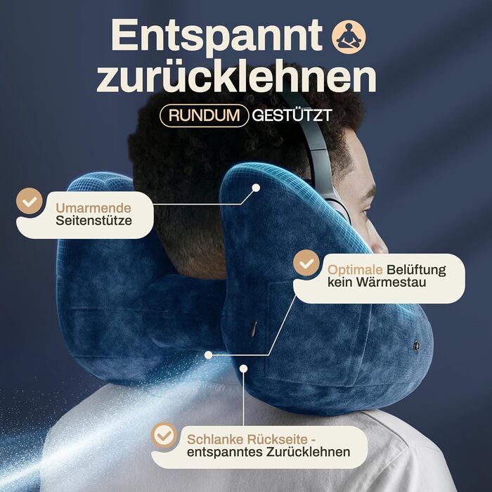 Подушка для шиї HELDENWERK® Air: 5 положень, швидка підкачка, регулювання тиску, знімний капюшон, для подорожей (літак, авто), темно-синій, великий розмір