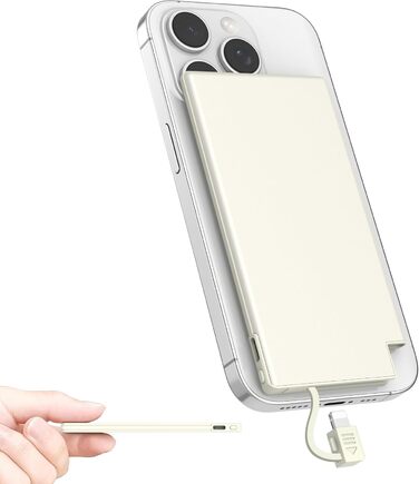 Power Bank Auskang 5000mAh Slim з кабелем для iPhone (сумісний з iPhone 14 та попередніми моделями) - тонкий, легкий, портативний зовнішній акумулятор (білий)