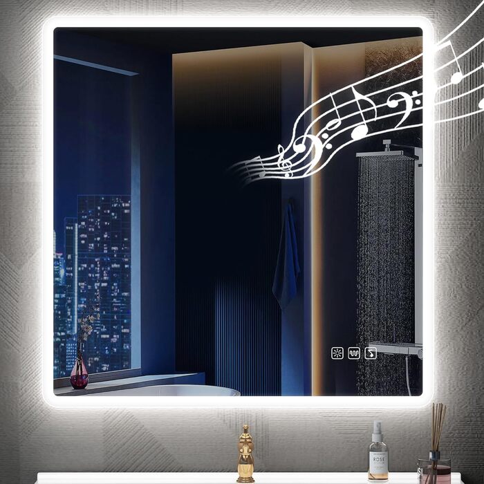 Дзеркало для ванної кімнати Starlead з підсвічуванням 100x70 см, Bluetooth, антизапітніння, регулювання яскравості, 3 кольори світла, функція пам'яті, IP44, LED, горизонтальне/вертикальне, HD скло, Madrid Silver (Bluetooth)