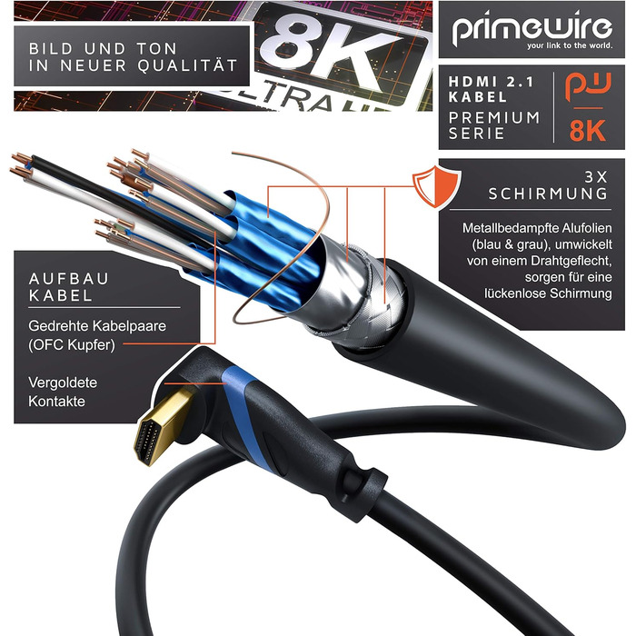 HDMI кабель 8K 2.1 з кутовим роз'ємором 90° - 3 метри - підтримка 8K@60Hz, DSC, HDR, eARC, VRR, Dolby Vision