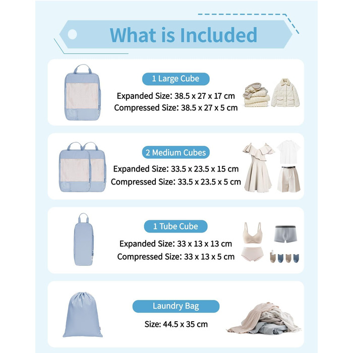 Набір органайзерів для валізи Narwey (5 шт.) - компресійні куби для пакування, аксесуари для подорожей (блакитний)