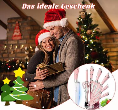 Набір кухонних ножів 9 шт. з поворотним блоком з акрилу, професійний набір кухонних ножів з нержавіючої сталі, з точилкою, подарунок для сім'ї (рожевий)