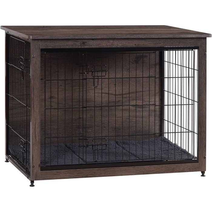 Клітка для собак DWANTON з подушкою, середнього розміру, з дерева, з подвійними дверцятами, клітка для собак, внутрішнє використання, хатинка для собак, приліжкова тумбочка, 82,5 см, темно-сірий