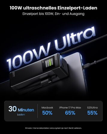 Потужний павербанк SHARGE HyperTower 170W 25000mAh з TFT-дисплеєм, 4 портами (3x USB-C, 1x USB-A) та вбудованими кабелями для MacBook Pro та ноутбуків, чорний