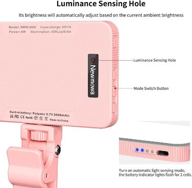 LED-відеолампа Newmowa NMW-80AI для селфі, TikTok, макіяжу та відеоконференцій (рожева)