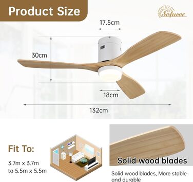 Стеляний вентилятор Sofucor з дистанційним керуванням, дерев'яний з 3 лопатями, 132 см, тихий, 6 швидкостей, таймер, DC двигун, літньо-зимовий режим, для спальні (з підсвічуванням та кріпленням Flush Mount, натуральне дерево)