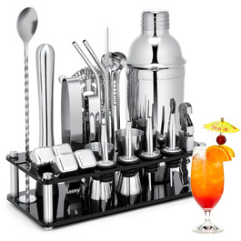 Sliver 23-Piece Stainless Steel Cocktail Shaker Set with Acrylic Stand & Recipe Book - Professional Bartender Bar Tools for Drinks, Whiskey Stones