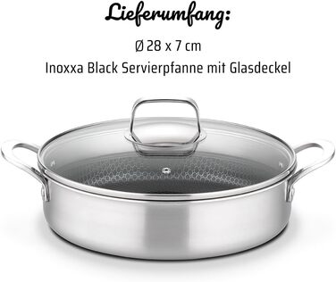 Сковорода GSW Innoxa Black 24 см, нержавіюча сталь, антипригарна, індукція, з медовим стільником. Кришка скляна 28 см