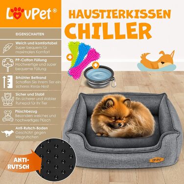 Lovpet® Dog Bed, Dog Cushion, Dog Basket Chiller, Incl. Bowl + 3X Chew Bones, Dog Sofa Cushion for Small, Medium & Large Dogs, Removable and Washable Cover, L 90 x 75 x 25 cm Grey