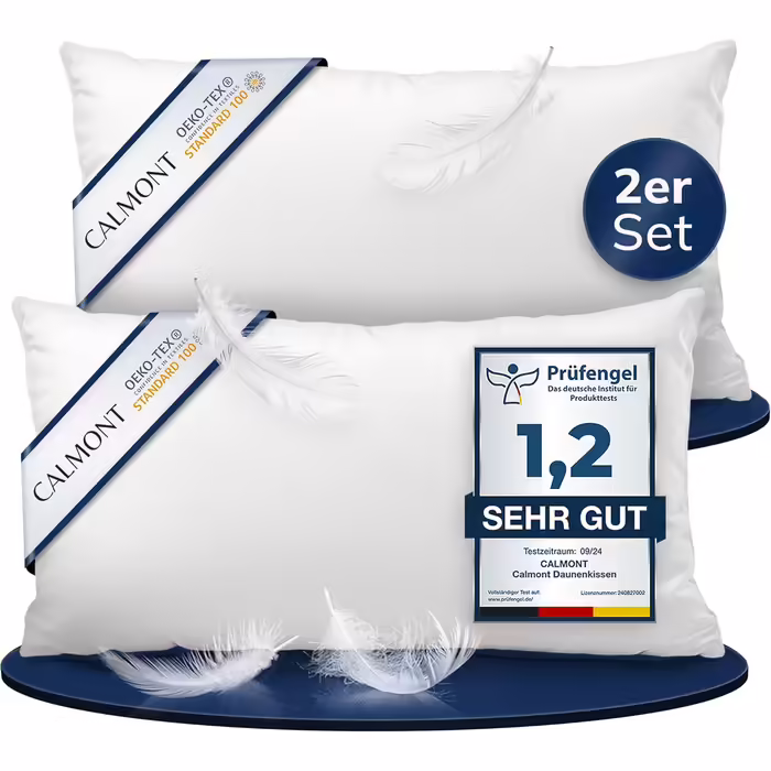 CALMONT 3-Chamber Down Pillow 40x80 | 2-Pack | Fluffy & Suitable for Allergy Sufferers | Nearly 100% Down | Durable & Breathable Bed Pillow for Restful Sleep | Pillow 40x80 (2-Pack) 40 x 80 cm (2-Pack)