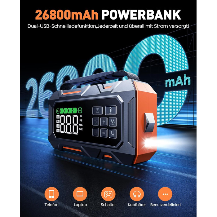 Powerbank для авто 26800mAh 7000A з компресором 160PSI, старт допомога, 5 LED, набір для ремонту шин, молоток, підтримка бензину/дизеля