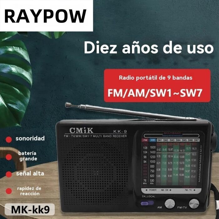 Портативне радіо Raypow 9-діапазонів FM/AM/SW1~SW7, транзисторне, з акумулятором 2 AA, компактне, потужний динамік, для дому та вулиці, чорне