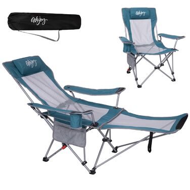 Кемпінговий стілець-шезлонг WEJOY 2-в-1: складаний стілець для пляжу та відпочинку з регульованою спинкою, підставкою для ніг, тримачем для напоїв, сірий/блакитний
