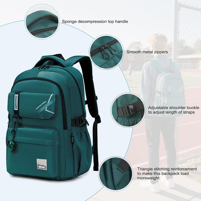 Шкільний рюкзак для хлопчиків та дівчаток-підлітків, 8-14 років. Великий рюкзак для школи, буденний та для подарунків. (Темно-зелений)