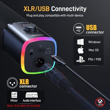 Мікрофон MAONO XLR-USB PD100X для стримінгу, подкастів, YouTube та ігор. Динамічний мікрофон з регулюванням гучності та програмним забезпеченням. Сумісний з PS4, PS5, Mac, PC. Чорний колір