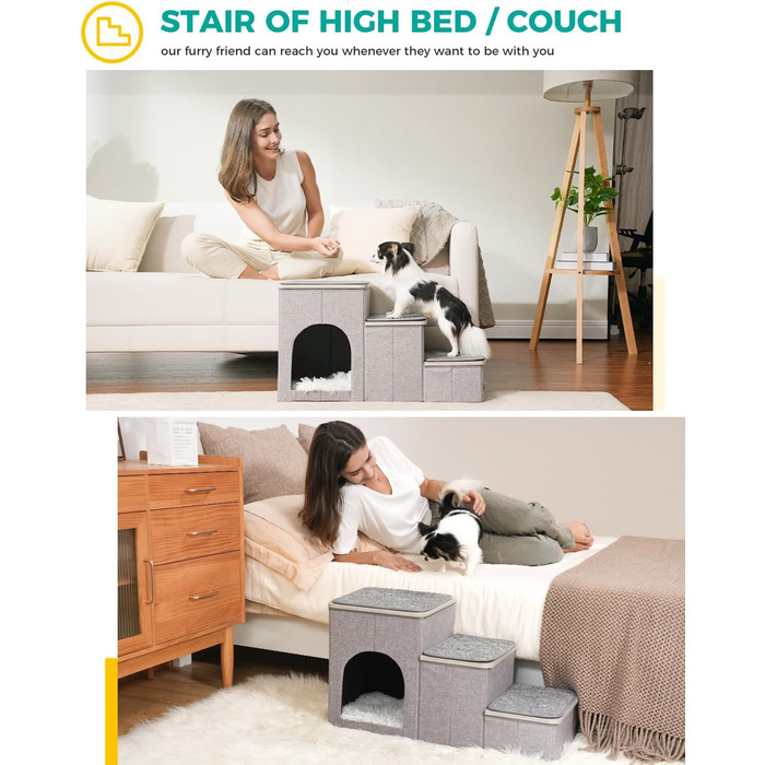 PETEPELA Folding Dog Stairs, 3 Steps, Pet Stairs for Small Dogs with Storage Space, 3 Steps to Couch