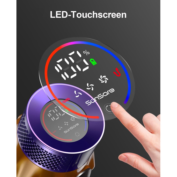 Акумуляторний пилосос SunSare 600W з дисплеєм, 50000Pa, 65хв роботи, для твердих поверхонь, килимів, шерсті тварин