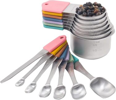 Tassety Measuring Cup and Spoon Set, 14-piece, including 13 stainless steel measuring spoons and cups, and 1 leveling tool, for cooking and baking
